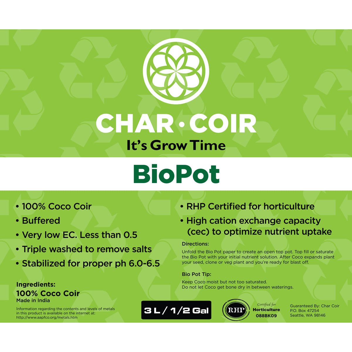 Char Coir 2 Gallon BioPot (3L)