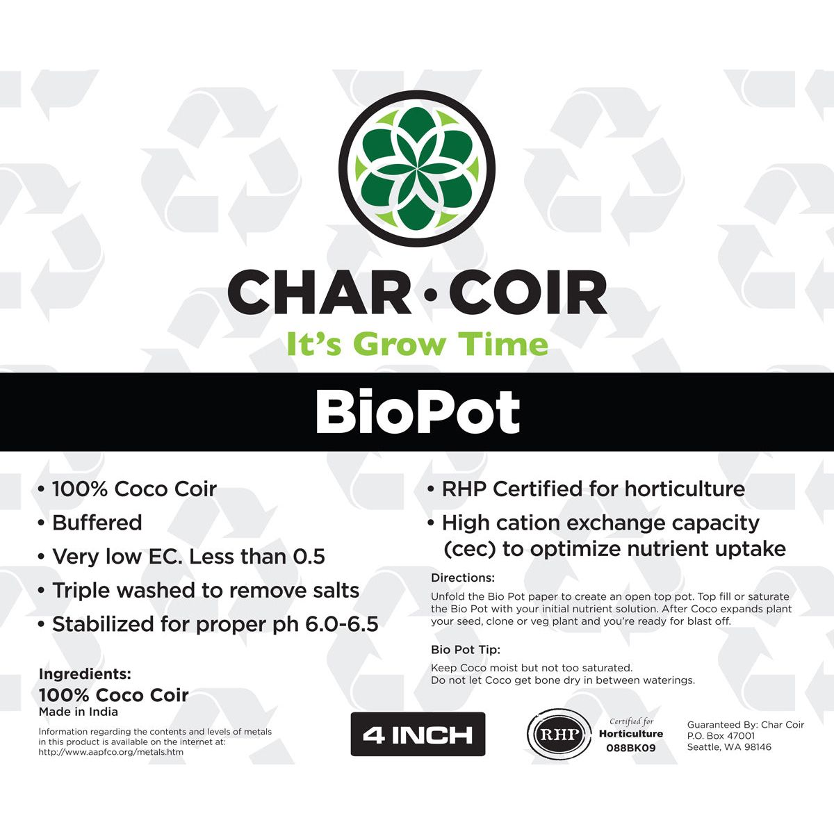 Char Coir 1/2 Gallon BioPot (4")